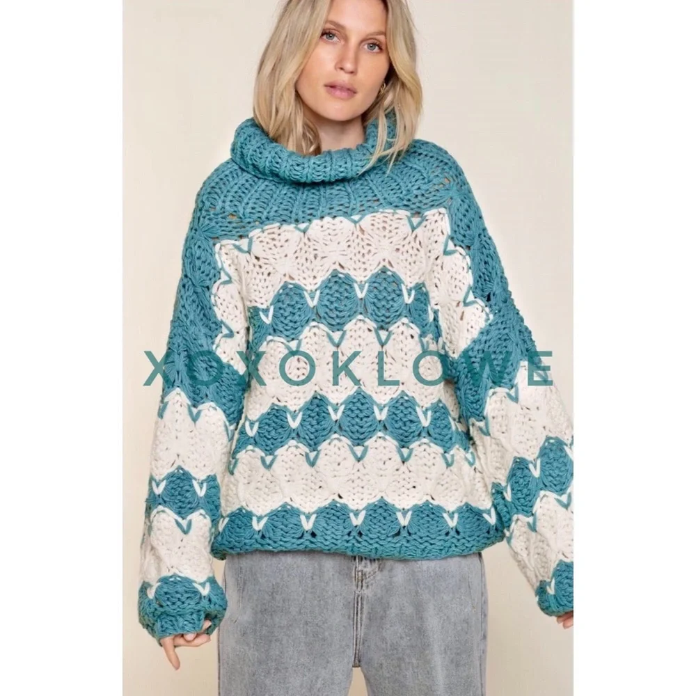 POL Teal & Ivory Stripe Handmade Chunky Knit Sweater - Picture 3 of 12